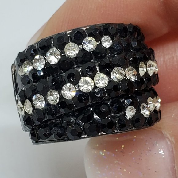 Pave' Black and Clear Rhinestone Cigar Band Fashion Stretch Ring - Picture 1 of 10